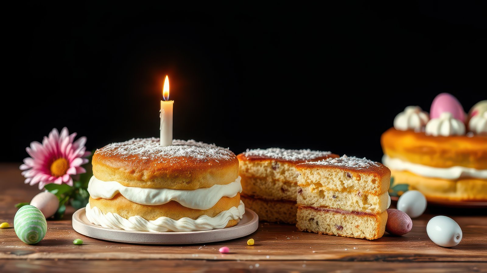 Delicious Easter cake with a single candle on a wooden table surrounded by decorative eggs and flowers